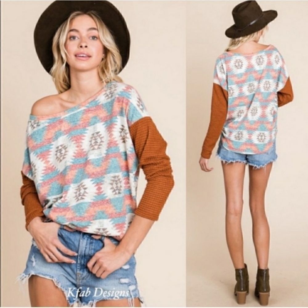 Color Block Aztec Print Relaxed Fit Thermal Top Sz L